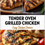 Tender baked chicken breast with golden grill marks served with roasted veggies.